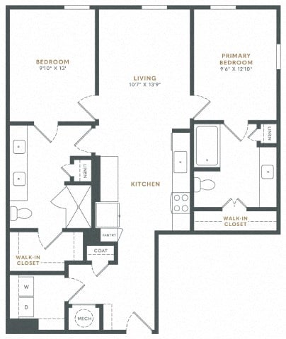 Floor plan for 2 beds, 2 baths, 1050 sqft